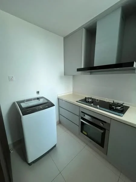 Kitchen features: grey cabinetry, white countertop, built-in oven, 4-burner gas hob, stainless-steel range hood, washing machine, white tiled backsplash, ceramic tile flooring, recessed downlights, single-bowl stainless-steel sink; style: modern.