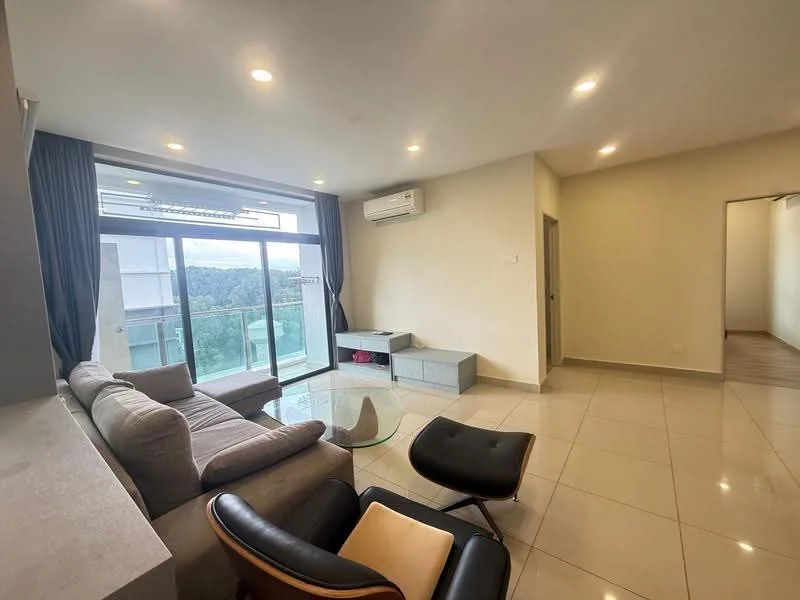 Living features: grey fabric sofa, black leather lounge chair, glass coffee table, floor-to-ceiling windows, sliding glass door, white painted walls, recessed LED downlights, cream tiled flooring, wall-mounted split AC; style: modern; view: garden.