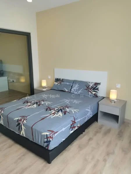 Bedroom features: queen-size bed with patterned bedding, upholstered headboard, two bedside lamps, wooden flooring, light beige painted walls, nightstand with drawer, window with natural light; style: modern.