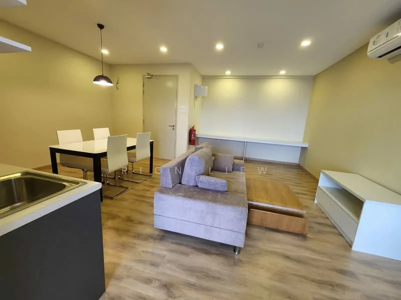 Living features: 3-seater fabric sofa in grey, coffee table, TV console, wall-mounted TV, dining table with 4 white chairs, laminate flooring, recessed LED downlights, air conditioning unit, neutral painted walls, open layout, wooden accent wall, window with natural light; style: modern.
