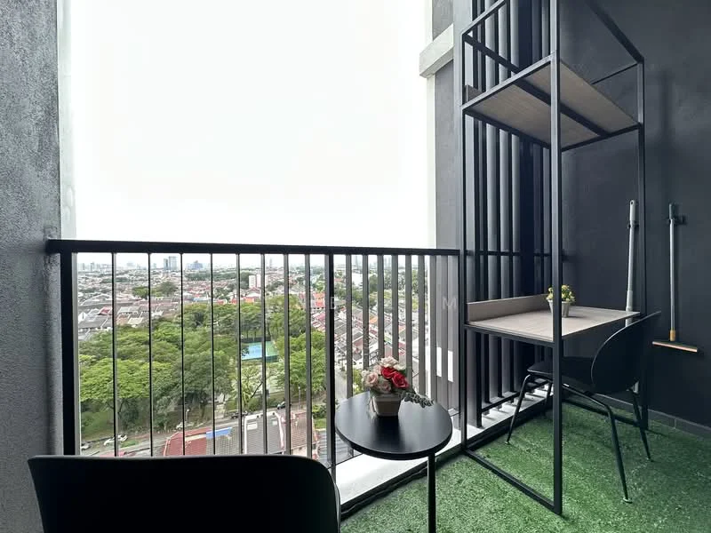 Balcony features: metal railing, artificial grass flooring, small round black table, black chair, metal shelving unit, potted plant, city view; style: modern; view: city.