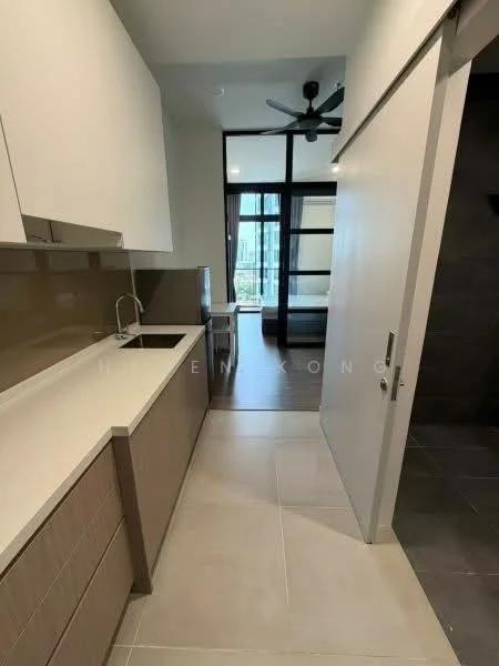 Kitchen features: white cabinetry, light wood cabinetry, single-bowl stainless-steel sink, chrome pull-down faucet, quartz countertop, tile backsplash, recessed downlights, floor-to-ceiling windows, sliding glass door, grey tile flooring; style: modern; view: city. Room features: grey tile flooring, floor-to-ceiling windows, sliding glass door.