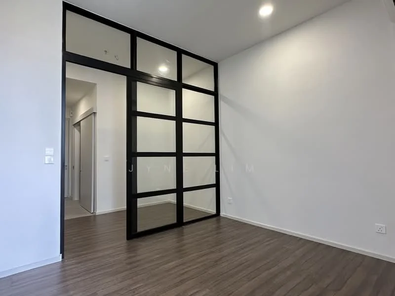 Room features: wooden flooring, white painted walls, black-framed glass partition, recessed downlights, doorway leading to another room, light switch, window with natural light, minimalist design; style: modern.