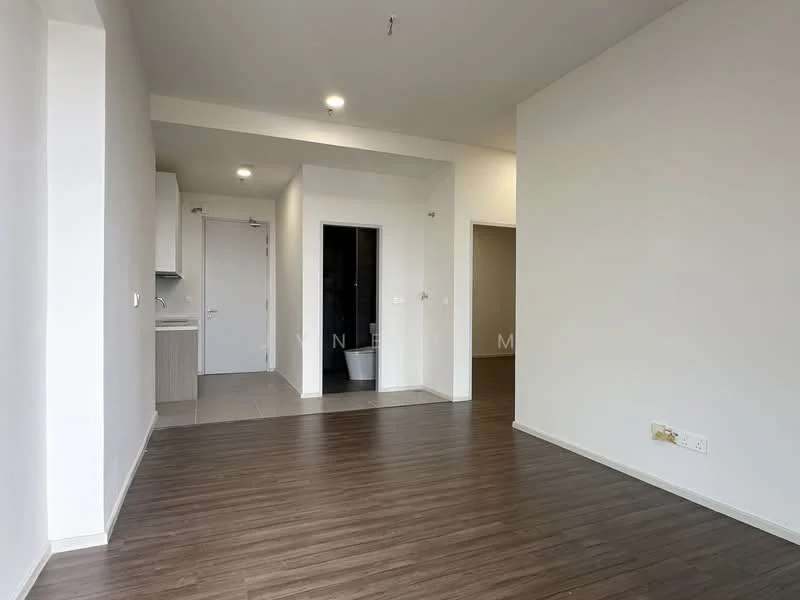 Room features: light wood laminate flooring, white painted walls, recessed downlights, open layout, kitchenette area with cabinets, doorway leading to bathroom, doorway leading to another room, large window for natural light; style: modern.