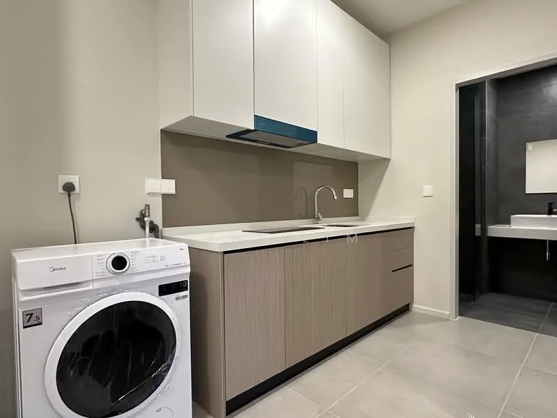 Laundry features: white front-load washing machine, wood cabinetry with beige finish, white countertop, grey tiled backsplash, single-bowl stainless-steel sink, chrome pull-down faucet, light grey floor tiles, neutral painted walls, recessed downlights; style: modern.
