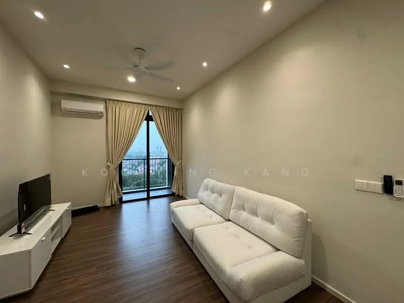 Living features: white fabric sofa, wall-mounted TV, white TV console, laminate flooring, recessed downlights, 5-blade ceiling fan, floor-to-ceiling windows, curtains, air conditioning unit; style: modern; view: city.