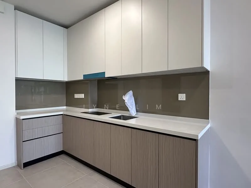 Kitchen features: light grey upper cabinets, beige lower cabinets, white countertop, single-bowl stainless-steel sink, chrome pull-down faucet, glass backsplash, built-in oven, drawer storage, tile flooring, recessed downlights; style: modern.