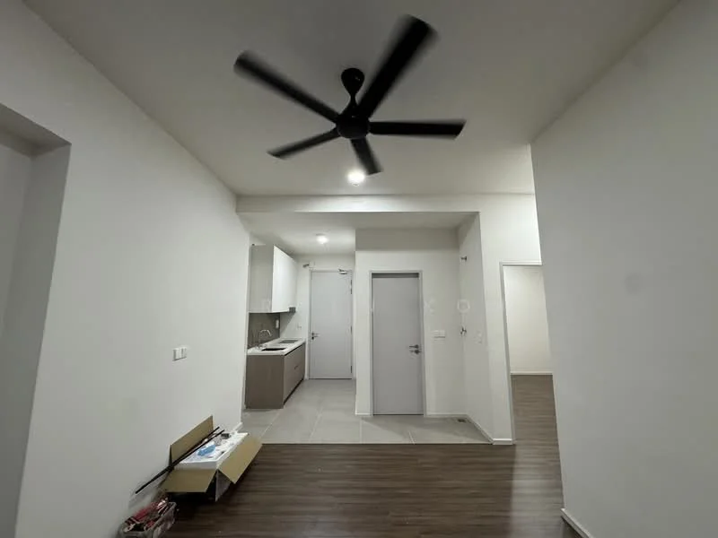 Room features: white painted walls, ceiling fan, recessed downlights, tile flooring, wood laminate flooring, open kitchen layout, kitchen cabinetry, doorway to hallway, door to kitchen, door to bathroom; style: modern.