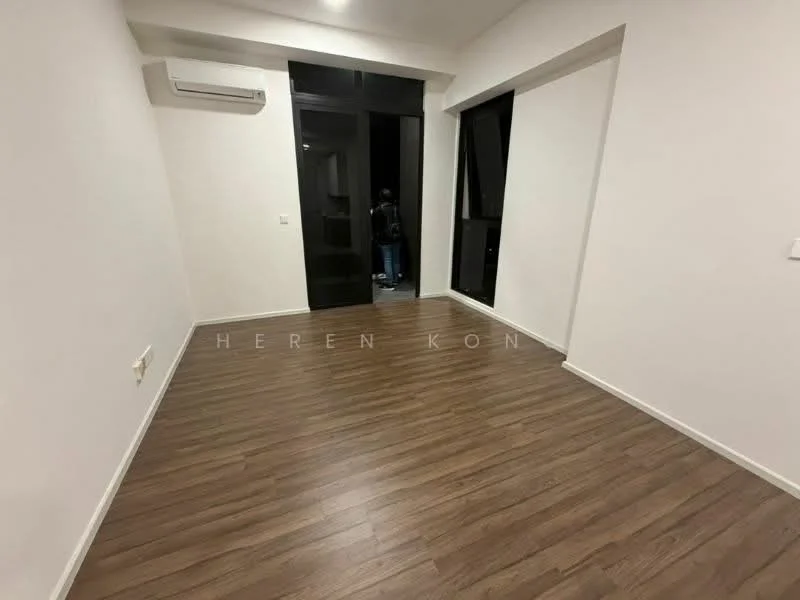 Room features: laminate flooring, white painted walls, floor-to-ceiling windows, black sliding glass door, 1 wall-mounted split AC; style: modern.