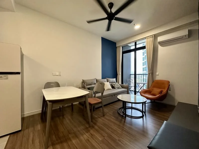 Living features: 3-seater fabric sofa in grey, orange accent chair, round glass coffee table, white dining table, 2 dining chairs, refrigerator, wall-mounted air conditioning unit, ceiling fan, wood laminate flooring, floor-to-ceiling windows with sheer curtains, blue accent wall, decorative cushions; style: modern; view: city.