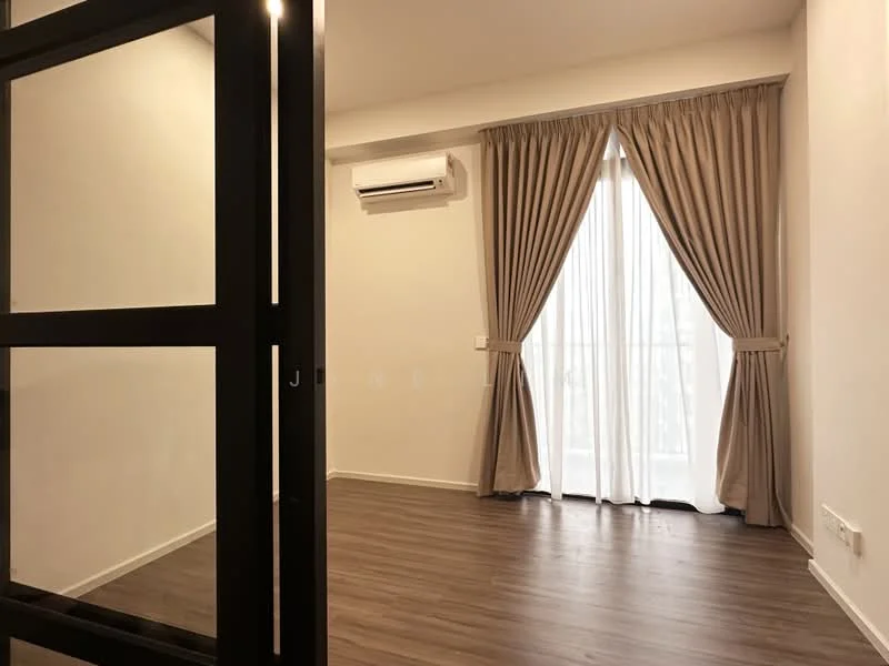 Room features: wooden flooring, white painted walls, floor-to-ceiling windows, sheer curtains, air conditioning unit, balcony access, light-colored drapes; style: modern.