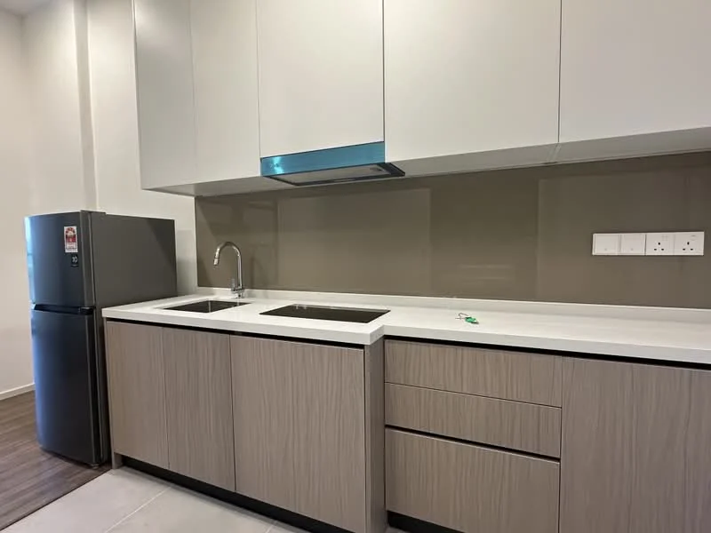 Kitchen features: double-bowl stainless-steel sink, chrome pull-down faucet, white quartz countertop, grey laminate cabinetry, built-in kitchen hood, stainless-steel fridge, glass backsplash, drawer storage, under-cabinet lighting; style: modern.
