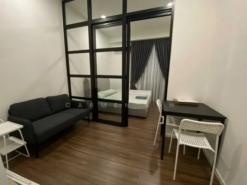 Living features: black fabric sofa, wooden flooring, glass partition wall, white dining table, white plastic chairs, curtains in dark grey, air conditioning unit, wall-mounted light fixture; style: modern. Bedroom features: queen-size bed, bedding in light green, floor-to-ceiling windows, curtains in dark grey; style: modern.