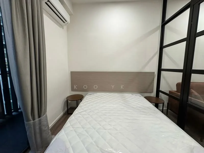 Bedroom features: white painted walls, wooden flooring, 1 wall-mounted split AC, queen-size bed, upholstered headboard, 2 bedside tables, sheer curtains, glass partition, sofa, floor-to-ceiling window; style: modern.