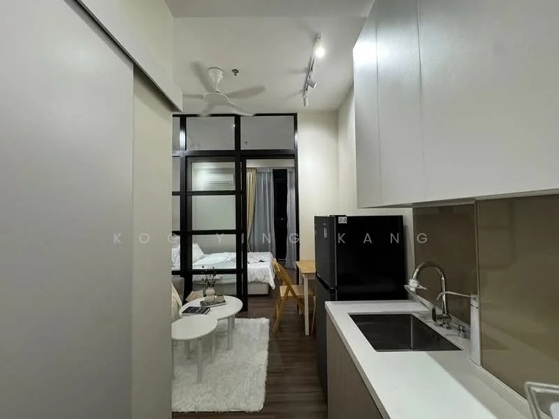Kitchen features: white cabinetry, stainless-steel sink, chrome pull-down faucet, black fridge, countertop with backsplash, modern lighting, open layout, wooden flooring; style: modern. Living features: 2-seater white coffee table, area rug, floor-to-ceiling windows, sofa, decorative items on table; style: modern.
