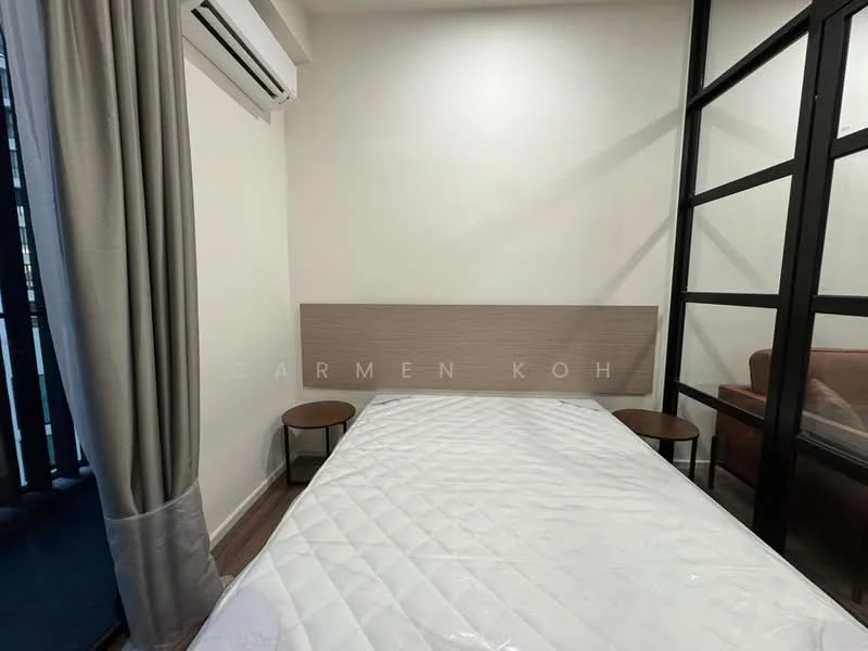 Bedroom features: queen-size bed, wood headboard, 2 bedside tables, wall-mounted split AC, floor-to-ceiling windows, curtains, laminate flooring, neutral painted walls, glass partition, sofa in background; style: modern; view: city.