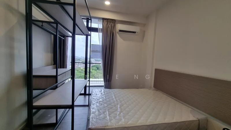 Bedroom features: floor-to-ceiling window, curtains, air conditioning unit, wooden flooring, metal shelving unit, queen-size bed frame without mattress, neutral painted walls, light ceiling with recessed lighting; style: modern; view: city.