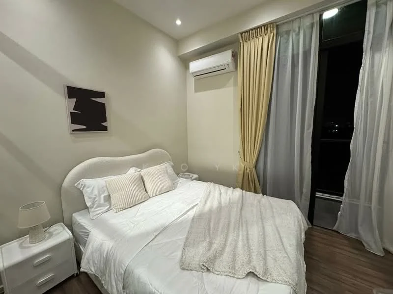 Bedroom features: queen-size bed with upholstered headboard, white bedding, two decorative pillows, nightstand with lamp, floor-to-ceiling window, sheer curtains, blackout curtains, wall-mounted air conditioning unit, wooden flooring, abstract wall art; style: modern; view: city.