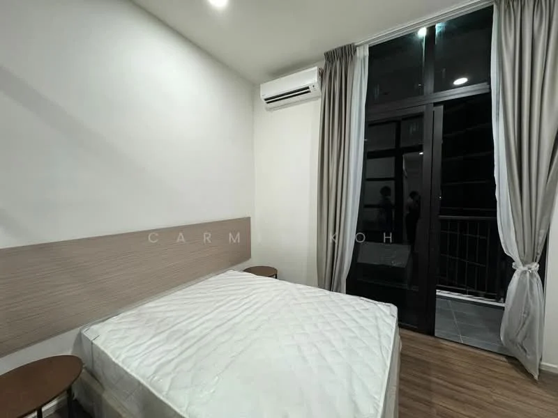 Bedroom features: queen-size bed, wooden headboard, 2 bedside tables, floor-to-ceiling windows, sliding glass door, sheer curtains, air conditioning unit, laminate flooring, white painted walls; style: modern.