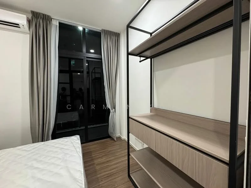 Bedroom features: wooden flooring, white painted walls, floor-to-ceiling windows, sheer curtains, black metal shelving unit, wooden shelving, air conditioning unit, queen-size bed frame, decorative wall art; style: modern.