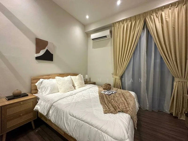 Bedroom features: queen-size bed with white bedding, upholstered headboard, two bedside pillows, wooden bedside table, decorative wall art, floor-to-ceiling window with sheer curtains, cream curtains, wall-mounted split AC, laminate flooring, recessed downlights; style: modern.