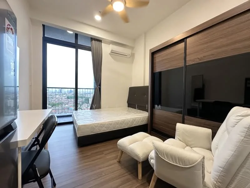 Bedroom features: king-size bed, upholstered headboard, floor-to-ceiling windows, curtains, wooden flooring, ceiling fan, built-in wardrobe with sliding doors, study desk, black chair, white armchair, city view; style: modern; view: city.