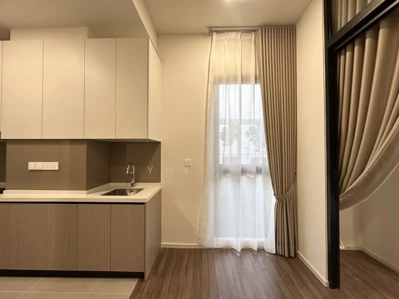 Kitchen features: single-bowl stainless-steel sink, chrome pull-down faucet, white cabinetry, light wood lower cabinets, grey countertop, tile backsplash, recessed downlights, vinyl plank flooring, floor-to-ceiling window, sheer curtains; style: modern.