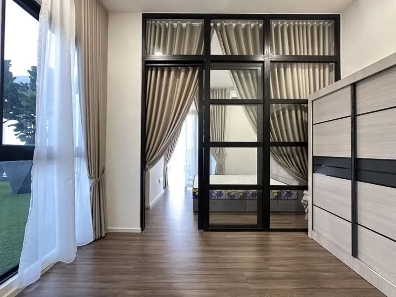 Room features: wooden flooring, floor-to-ceiling windows, sheer curtains, blackout curtains, glass partition, decorative wall with horizontal panels, natural light, view of outdoor space; style: modern; view: garden.