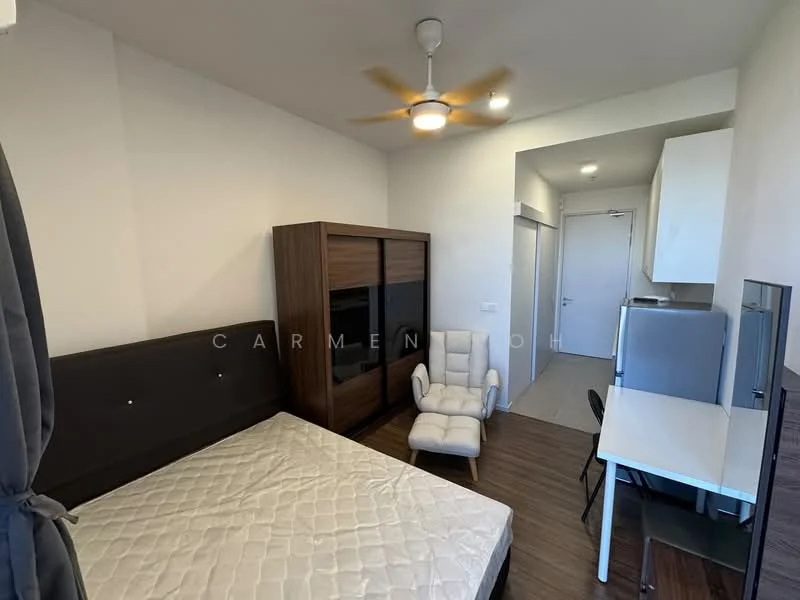 Bedroom features: queen-size bed frame without mattress, wooden flooring, white painted walls, ceiling fan with light, built-in wardrobe with sliding doors, armchair in white fabric, study desk in white, stainless-steel fridge, wall-mounted mirror; style: modern.