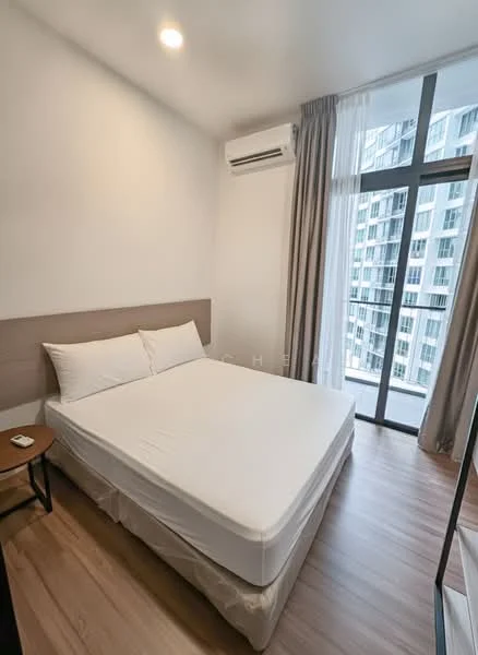 Bedroom features: queen-size bed, white bedding, wooden bed frame, floor-to-ceiling windows, sheer curtains, wall-mounted split AC, light wood flooring, nightstand, decorative wall paneling, recessed ceiling lights; style: modern; view: city.