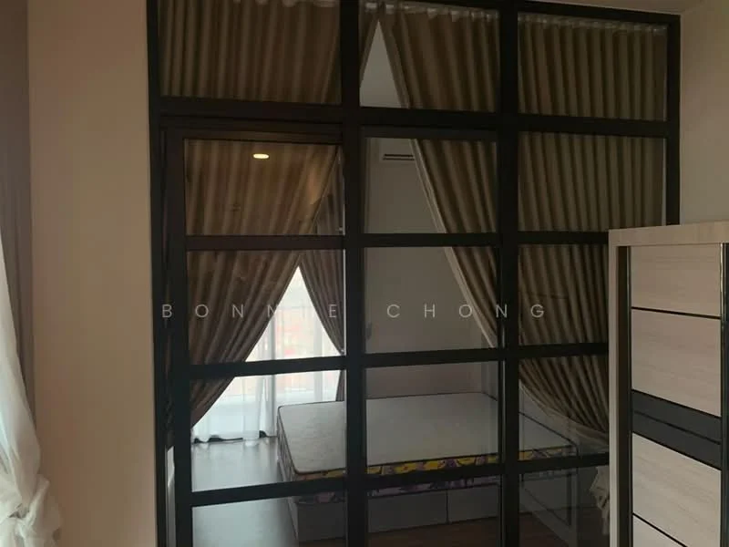 Room features: floor-to-ceiling windows, sheer curtains, blackout curtains, glass partition, wooden flooring, air conditioning unit, unmade bed with mattress, decorative wall, neutral wall color; style: modern; view: city.