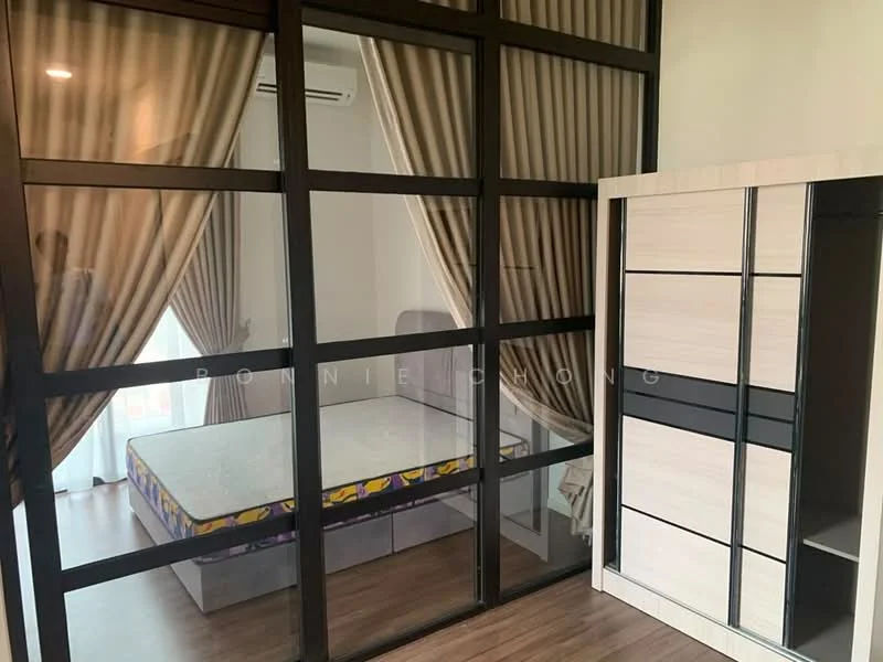 Bedroom features: glass partition walls, brown curtains, queen-size bed with mattress, wooden flooring, built-in wardrobe with sliding doors, air conditioning unit, decorative wall paneling; style: modern.