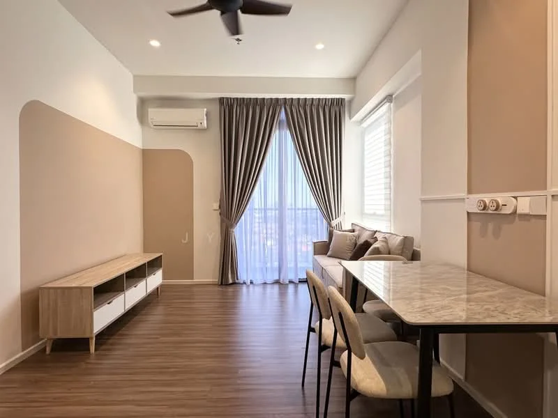Living features: wooden flooring, white painted walls, accent wall in beige, floor-to-ceiling windows, sheer curtains, 5-blade ceiling fan, sofa with cushions, marble-top dining table, 4 dining chairs, TV console, decorative wall panel; style: modern; view: city.