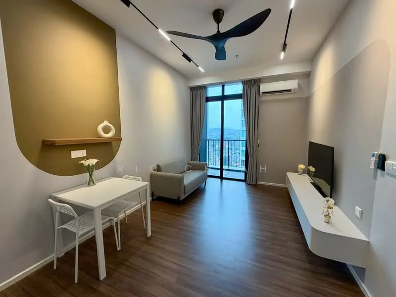 Living features: 5-blade ceiling fan with integrated LED light, floor-to-ceiling windows, grey accent wall, white painted walls, laminate flooring, sofa in light grey, TV console, wall-mounted TV, dining table for 2, decorative vase on table, curtains in light fabric, air conditioning unit; style: modern; view: city.