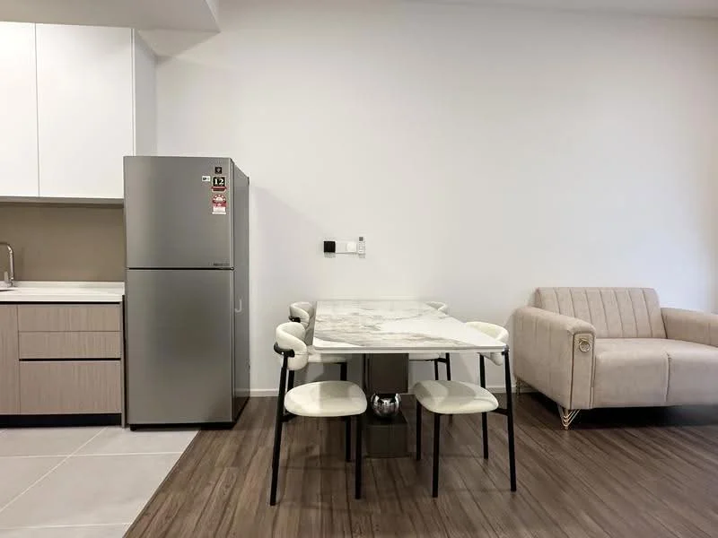 Dining features: grey stainless-steel fridge, white marble dining table, 4 white dining chairs, light wood cabinetry, white cabinets, grey tiled flooring, wood laminate flooring, cream fabric sofa; style: modern.