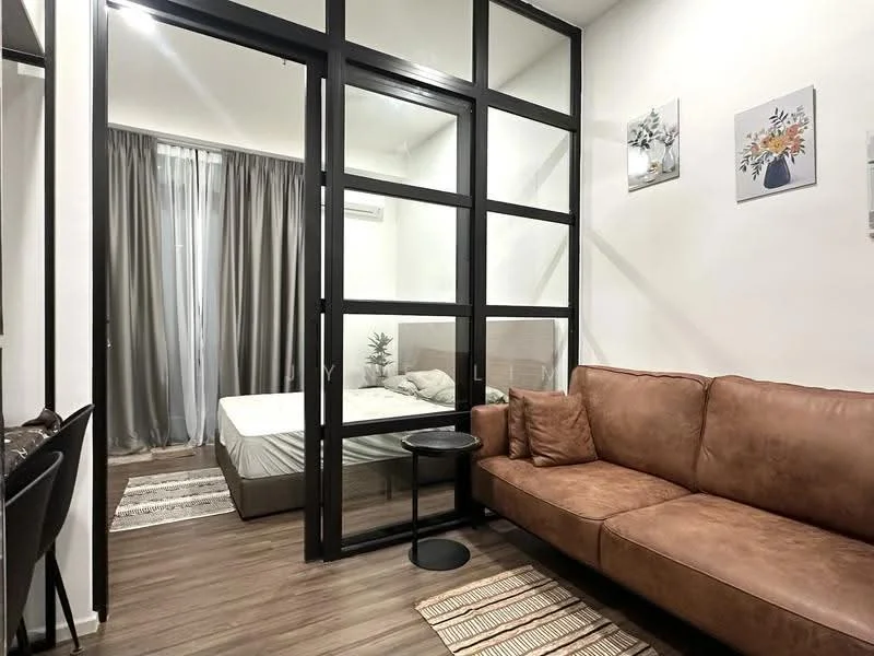 Living features: brown leather sofa, black side table, wooden flooring, decorative wall art, recessed lighting, curtains, area rug with geometric pattern, glass partition; style: modern. Bedroom features: queen-size bed, bedside plant, floor-to-ceiling curtains, wall-mounted air conditioning unit; style: modern.