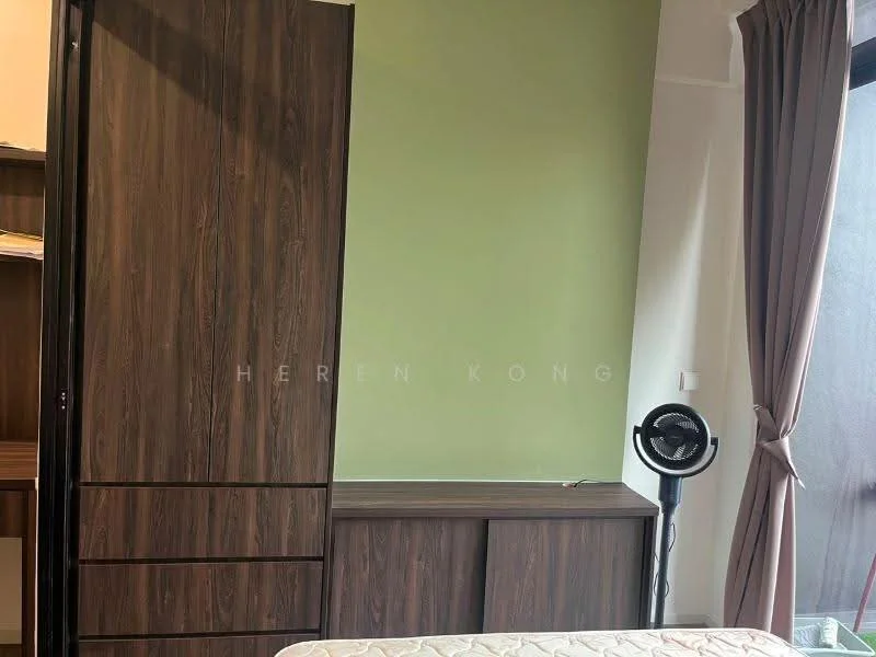 Bedroom features: green accent wall, brown wooden wardrobe, brown wooden dresser, floor-to-ceiling window, curtains, ceiling fan; style: modern.