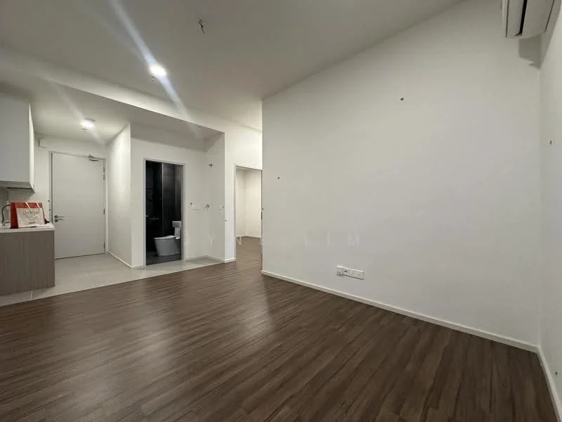 Room features: laminate wood flooring, white painted walls, recessed downlights, 1 wall-mounted split AC, open layout, doorway leading to another room, doorway leading to bathroom, neutral color scheme; style: modern.