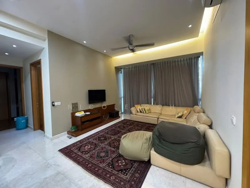 Living features: cream leather sectional sofa, green bean bag chair, area rug with geometric pattern, wall-mounted TV, wood TV console, ceiling fan with light, recessed LED downlights, floor-to-ceiling curtains, marble flooring, light beige painted walls; style: modern.