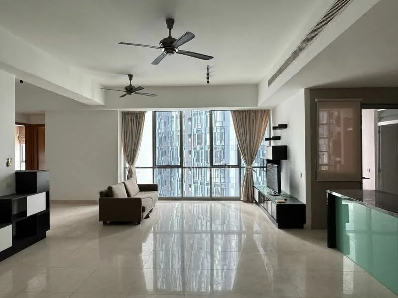 Living features: large floor-to-ceiling windows, two ceiling fans, light-colored walls, polished marble flooring, sofa in beige, wall-mounted TV, black TV console, glass shelf, curtains in light fabric, open layout, view of city skyline; style: modern; view: city.