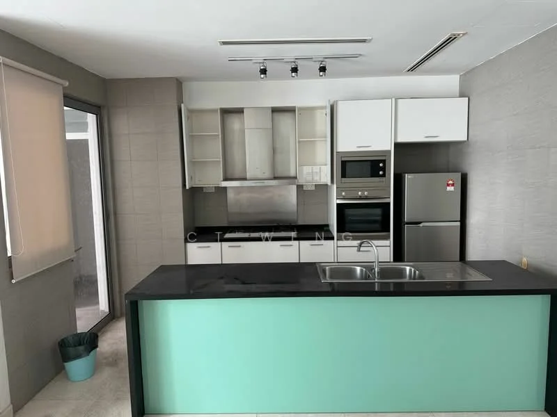 Kitchen features: black granite countertop, white cabinetry, stainless-steel fridge, built-in oven, stainless-steel sink, chrome pull-down faucet, ceramic tile flooring, grey accent wall, recessed downlights, open shelving, kitchen island, sliding glass door, window with sheer curtains; style: modern.