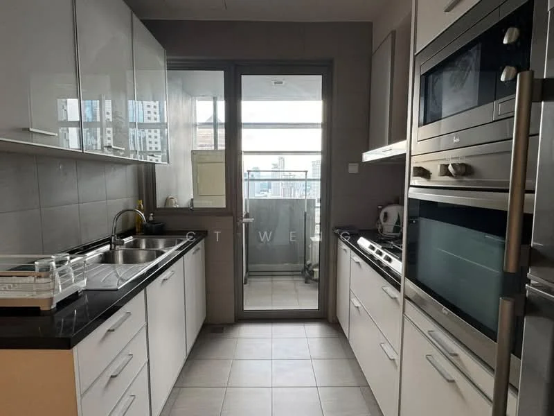 Kitchen features: white shaker cabinets, black granite countertop, stainless-steel single-bowl sink, chrome pull-down faucet, built-in oven, built-in microwave, stainless-steel range hood, 4-burner gas hob, tile flooring, grey tiled backsplash, floor-to-ceiling windows, sliding glass door, kitchen island, recessed downlights; style: modern; view: city.