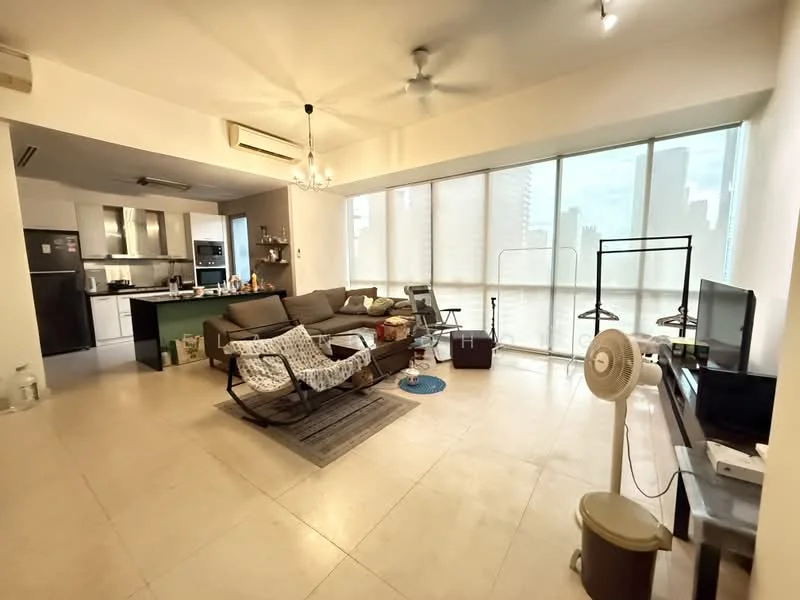 Living features: 3-seater fabric sofa in grey, 2-seater fabric sofa, coffee table, TV console, wall-mounted TV, area rug with geometric pattern, ceiling fan, floor-to-ceiling windows, sliding glass door, marble tile flooring, decorative mirror, dining area with 4-seater dining table, kitchen island with bar stools; style: modern; view: city. Kitchen features: stainless-steel fridge, built-in oven, freestanding range oven, microwave, kitchen island, green cabinetry, white countertops, sink, backsplash with tile cladding; style: modern; view: city.