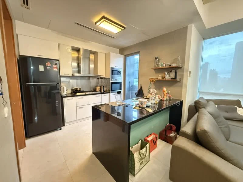Kitchen features: black granite countertop, white cabinetry with flat-panel doors, stainless-steel built-in oven, stainless-steel microwave, stainless-steel range hood, 4-burner gas hob, black refrigerator, single-bowl stainless-steel sink, chrome pull-down faucet, open shelving, wall-mounted cabinets, tile backsplash, recessed downlights, pendant light, floor-to-ceiling windows with city view; style: modern; view: city. Living features: grey fabric sofa, coffee table, decorative items on shelves, area rug, wall-mounted shelves; style: modern; view: city.