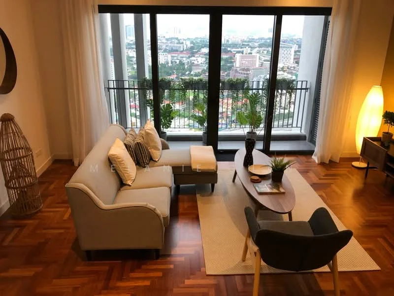 Living features: 3-seater fabric sofa in light grey, decorative cushions, wooden coffee table, area rug with neutral color, floor-to-ceiling windows, balcony view, wooden flooring, table lamp, potted plants, side table, accent chair in dark grey; style: modern; view: city.