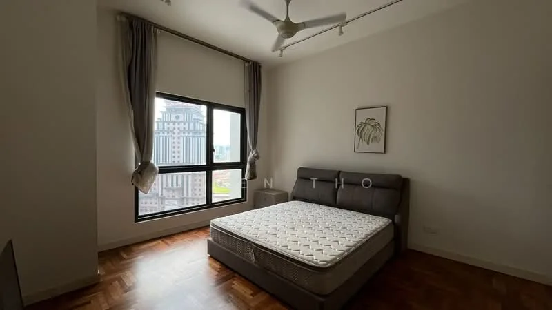 Bedroom features: queen-size bed, upholstered headboard, floor-to-ceiling window, city view, wooden flooring, ceiling fan, curtains, decorative wall art; style: modern; view: city.