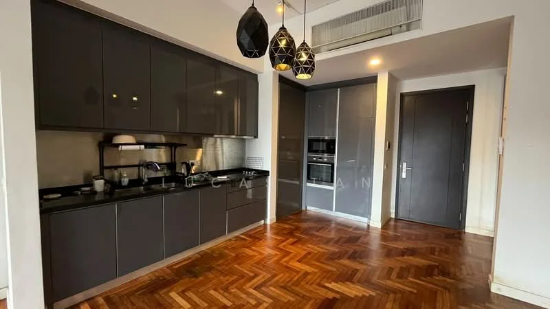 Kitchen features: dark grey cabinetry, black granite countertop, stainless-steel sink, chrome pull-down faucet, built-in oven, built-in microwave, 4-burner gas hob, hood range, herringbone wood flooring, pendant lighting, open shelving, wall-mounted cabinets, recessed downlights; style: modern.