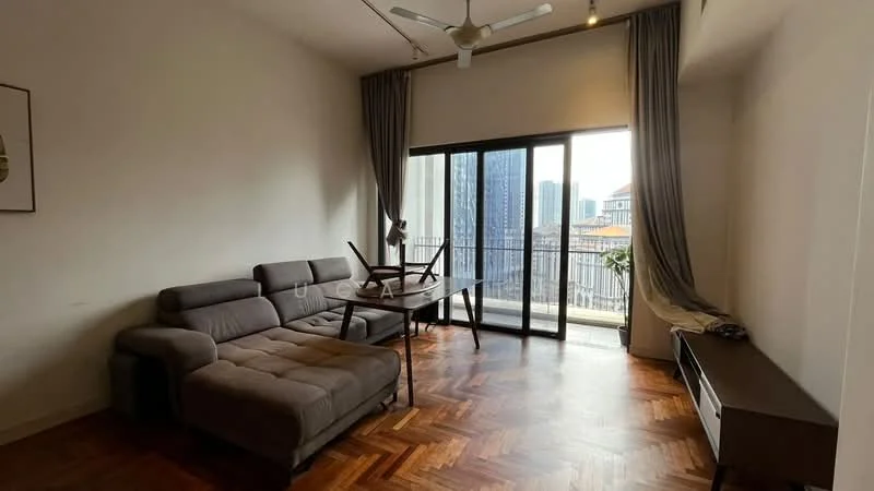 Living features: L-shape sectional sofa in grey, wooden coffee table, TV console, floor-to-ceiling sliding glass door, curtains, ceiling fan, parquet wood flooring, decorative wall art; style: modern; view: city.