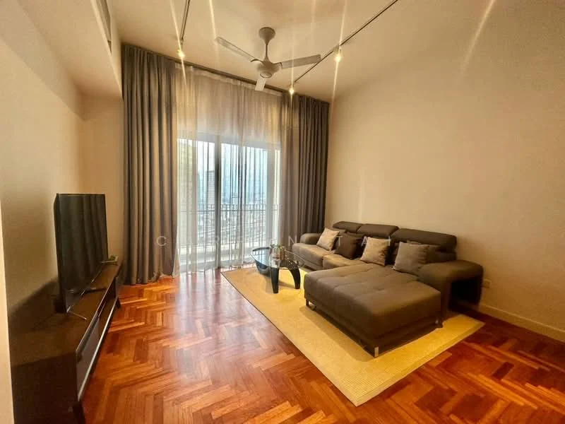 Living features: 3-seater fabric sofa in grey, coffee table, TV console, wall-mounted TV, area rug, ceiling fan with integrated LED light, floor-to-ceiling windows, curtains, parquet wood flooring, decorative wall, light fixtures; style: modern; view: city.