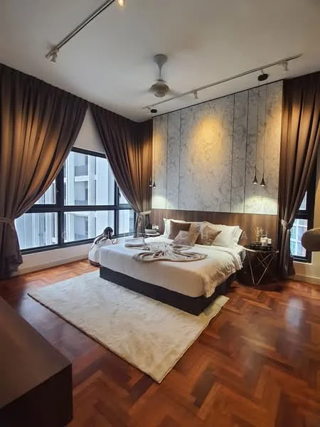 Bedroom features: king-size bed with white bedding, upholstered headboard, 2 bedside tables, decorative lamps on bedside tables, large windows with black frames, floor-to-ceiling curtains in dark brown, wooden flooring, area rug with cream color, ceiling fan, wall-mounted decorative accents; style: modern; view: city.